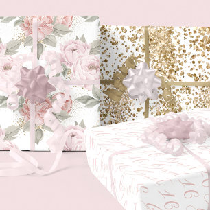 Sweet 16 Script Elegant Gold Glitzer Peony Floral Geschenkpapier Set