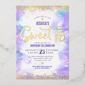 Sweet 16 Script Lila Watercolor Glam Real Gold Folieneinladung (Vorderseite)
