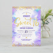 Sweet 16 Script Lila Watercolor Glam Real Gold Folieneinladung (Stehend vorne)