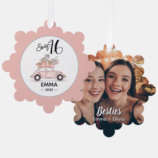 Sweet 16 Script Photo Bestie Snowflake Ornament Karte (Vorderseite/Rückseite)