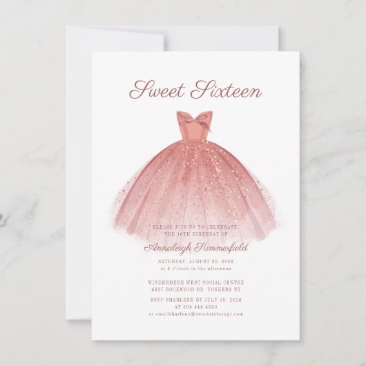 Sweet 16 Script Rose Gold Moderner Dress Glitzer Einladung (Vorderseite)