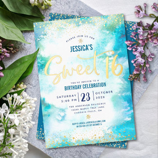 Sweet 16 Script Turquoise Watercolor Real Gold Folieneinladung