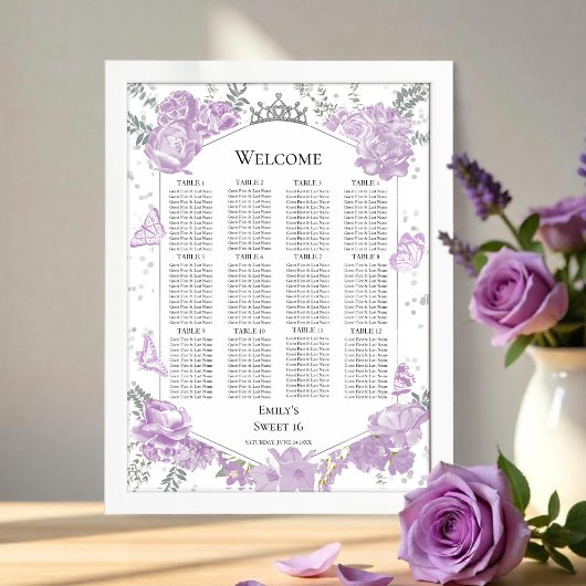 Sweet 16 Seating Chart Signieren Lavendelbutterfly Poster