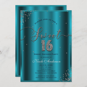 SWEET 16 Sechzehn Aqua Blue Silver Confetti Ecken Einladung