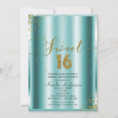 SWEET 16 Sechzehn Aqua & Gold Confetti Ecken Einladung (Vorderseite)