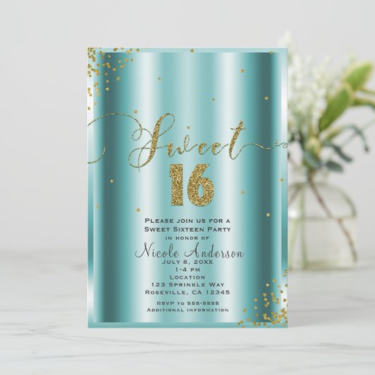 SWEET 16 Sechzehn Aqua & Gold Confetti Ecken Einladung (Stehend Vorderseite)