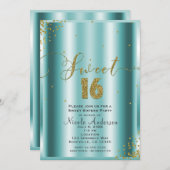 SWEET 16 Sechzehn Aqua & Gold Confetti Ecken Einladung (Vorne/Hinten)