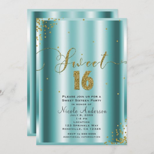 SWEET 16 Sechzehn Aqua & Gold Confetti Ecken Einladung (Vorne/Hinten)