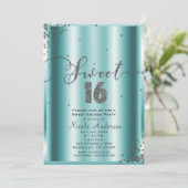 SWEET 16 Sechzehn Aqua & Silver Confetti Ecken Einladung (Stehend Vorderseite)