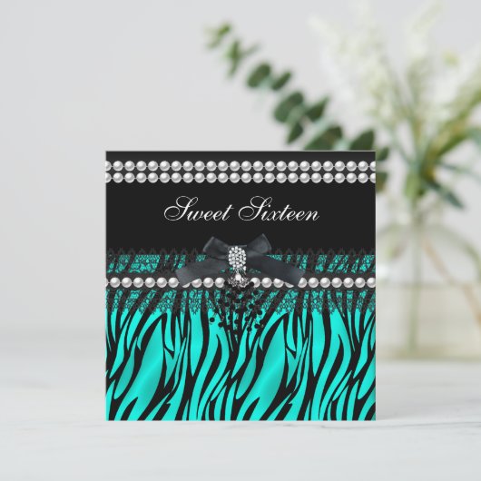 Sweet 16 Sechzehn Aquamarin Black Pearl Lace Zebra Einladung (Stehend Vorderseite)
