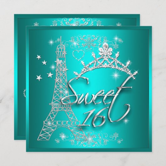 Sweet 16 Sechzehn Aquamariner Tiara Eiffel Tower Einladung (Vorne/Hinten)