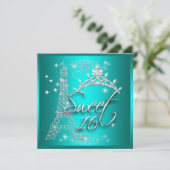 Sweet 16 Sechzehn Aquamariner Tiara Eiffel Tower Einladung (Stehend Vorderseite)