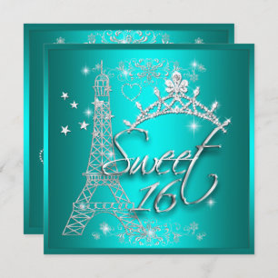 Sweet 16 Sechzehn Aquamariner Tiara Eiffel Tower Einladung