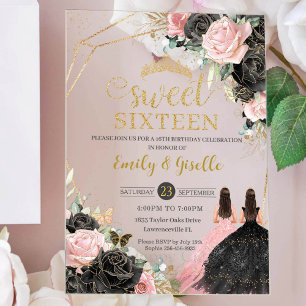 Sweet 16 Sechzehn Black Dress Pink Floral Gold Twi Acryleinladungen