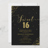 SWEET 16 Sechzehn Black & Gold Confetti Ecken Einladung (Vorderseite)
