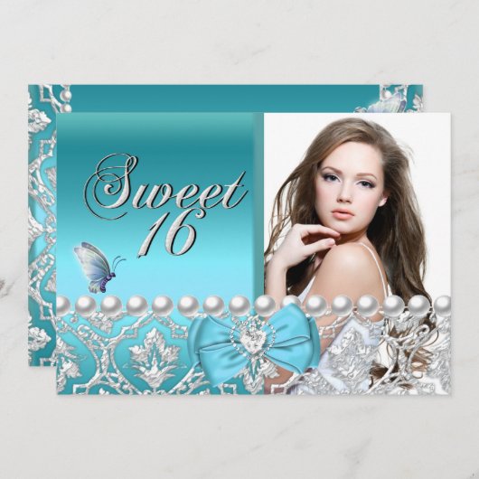 Sweet 16 Sechzehn blaue Damaskus Schmetterling Fot Einladung (Vorne/Hinten)
