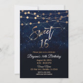 Sweet 16 Sechzehn blaue und goldene Sparkle-Lichte Einladung (Vorderseite)