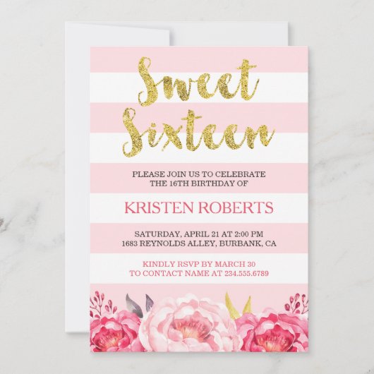 Sweet 16 (sechzehn) Blush Pink Bloral God Glitzer Einladung (Vorderseite)