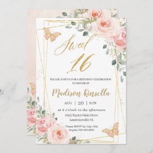 Sweet 16 Sechzehn Blush Pink Floral Schmetterlinge Einladung