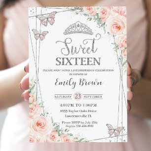 Sweet 16 Sechzehn Blush Pink Floral Silber Geburts Einladung