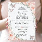 Sweet 16 Sechzehn Blush Pink Floral Silber Geburts Einladung