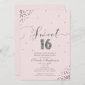SWEET 16 Sechzehn Blush Pink Silver Confetti Ecke Einladung (Vorne/Hinten)