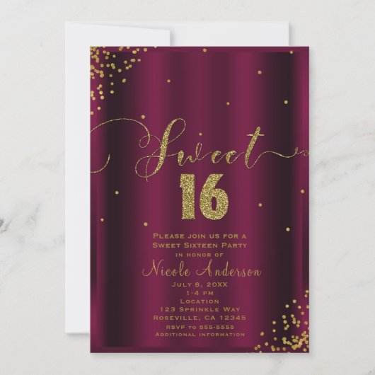 SWEET 16 Sechzehn Burgund & Gold Confetti Ecken Einladung (Vorderseite)