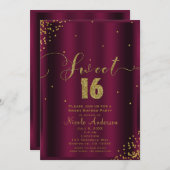 SWEET 16 Sechzehn Burgund & Gold Confetti Ecken Einladung (Vorne/Hinten)