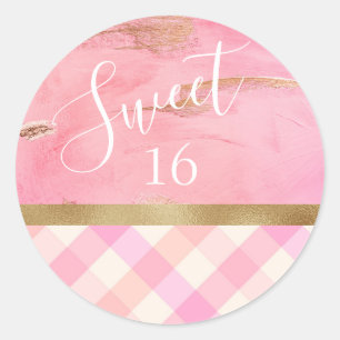 Sweet 16 Sechzehn Gold Pink Abstrakt Wasserfarbe Runder Aufkleber