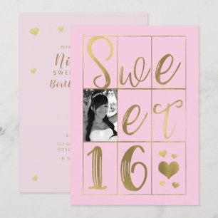 SWEET 16 SECHZEHN Gold & Rosablasse Herzen Foto Einladung