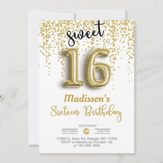 Sweet 16 sechzehn Goldballon Mädchen zum Geburtsta Einladung (Vorderseite)