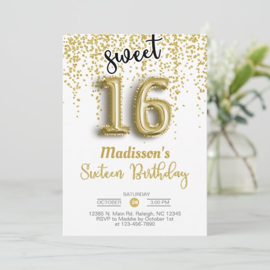 Sweet 16 sechzehn Goldballon Mädchen zum Geburtsta Einladung (Stehend Vorderseite)