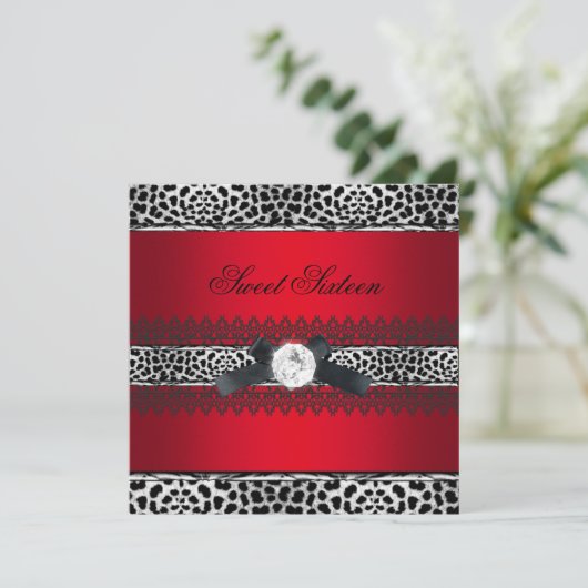 Sweet 16 Sechzehn Leopard Red Black Diamond Einladung (Stehend Vorderseite)