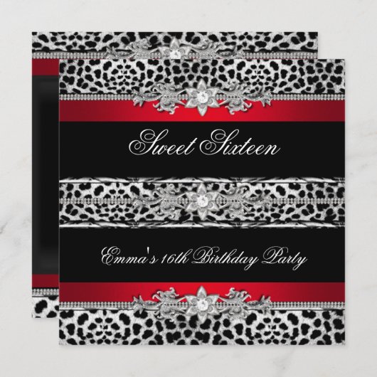 Sweet 16 Sechzehn Leopard Red Black Diamond Einladung (Vorne/Hinten)