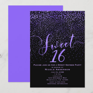 SWEET 16 Sechzehn moderne Konfetti Lila & Schwarz Einladung