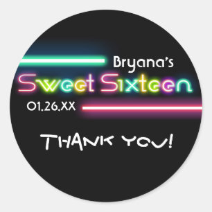 SWEET 16 Sechzehn Neon-Glow-Schwarz-Party-Aufklebe Runder Aufkleber
