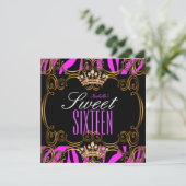 Sweet 16 Sechzehn Party Hot Pink Bronze Tiara Zebr Einladung (Stehend Vorderseite)