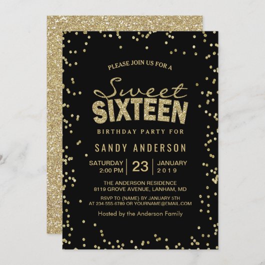 Sweet 16 Sechzehn Party | Trendy Gold Glitzer Dots Einladung (Vorne/Hinten)