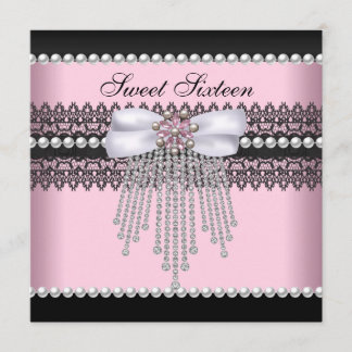 Sweet 16 Sechzehn Pink Black Pearl Lace Diamond Einladung