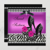 Sweet 16 Sechzehn Pink Black Zebra Leopard Einladung (Vorne/Hinten)