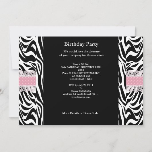 Sweet 16 Sechzehn Pink Schwarz-weiß Zebra Einladung (Rückseite)
