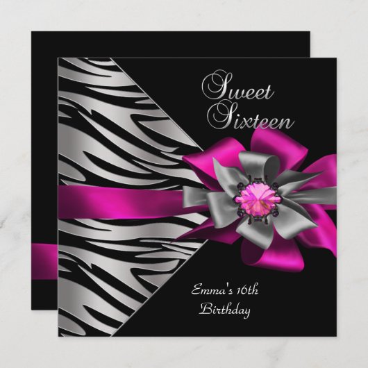 Sweet 16 Sechzehn Pink Silver Zebra Black Gray Bow Einladung (Vorne/Hinten)