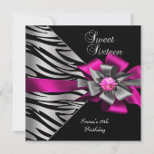 Sweet 16 Sechzehn Pink Silver Zebra Black Gray Bow Einladung (Vorderseite)
