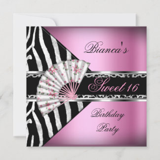 Sweet 16 Sechzehn rosa Fan Black Zebra Leopard Einladung