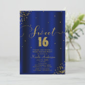 SWEET 16 Sechzehn Royal Blue Gold Confetti Corners Einladung (Stehend Vorderseite)