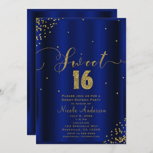 SWEET 16 Sechzehn Royal Blue Gold Confetti Corners Einladung (Vorne/Hinten)
