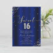 SWEET 16 Sechzehn Royal Blue Silver Confetti Corne Einladung (Stehend Vorderseite)