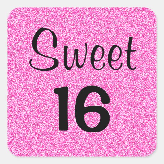 Sweet 16 Sechzehn Schwarz & Heiß Rosa Glitzer Spar Quadratischer Aufkleber (Vorderseite)