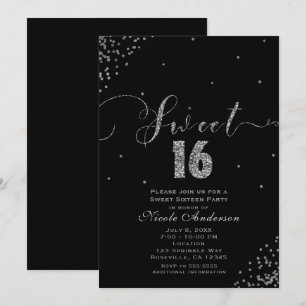SWEET 16 Sechzehn Schwarz & Silber Konfetti Ecke Einladung