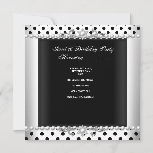 Sweet 16 Sechzehn Schwarzer Spot Silver White Einladung (Rückseite)
